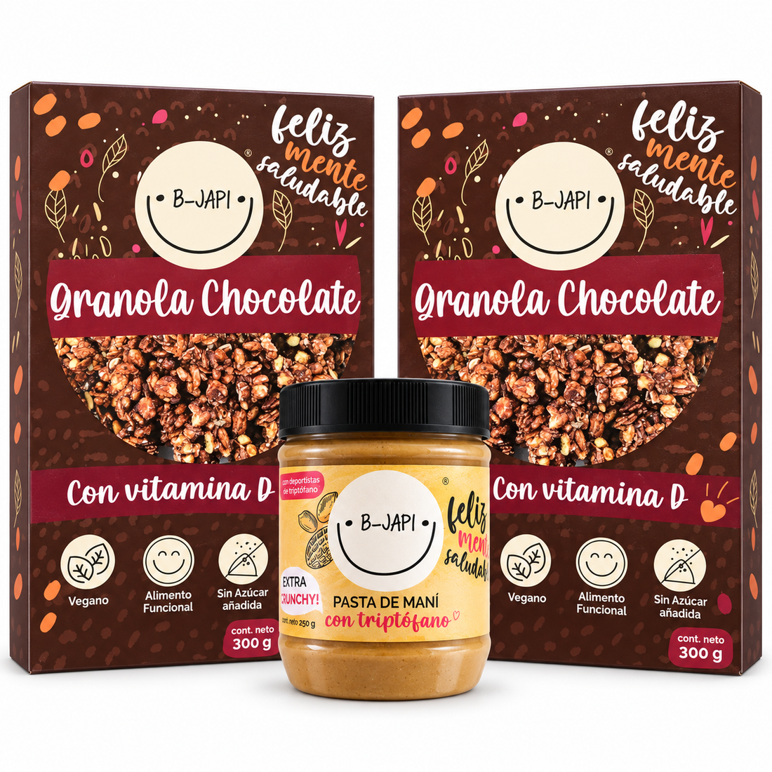 Pack Desayuno Feliz: 2 Granolas + 1 Mantequilla de Maní B-Japi Chile