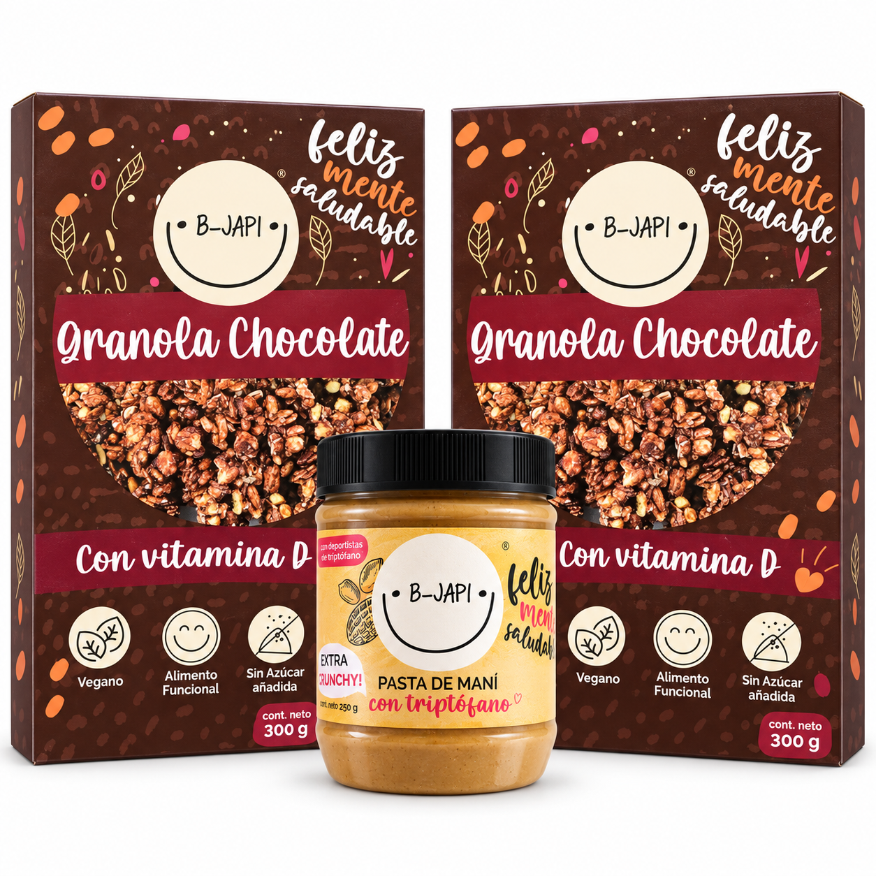 Pack Desayuno Feliz: 2 Granolas + 1 Mantequilla de Maní B-Japi Chile